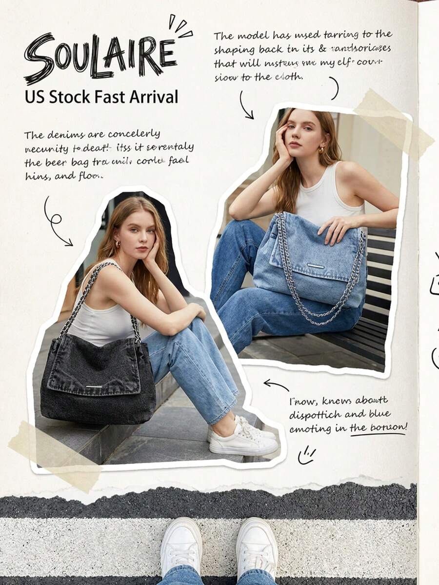 Baby Blue Bag Solid Color Casual Tote Bag Retro Wash Jeans Bag Chain Shoulder Bag Large-Capacity Denim Bag Handbag Minimalist Crossbody Bag Office Bag