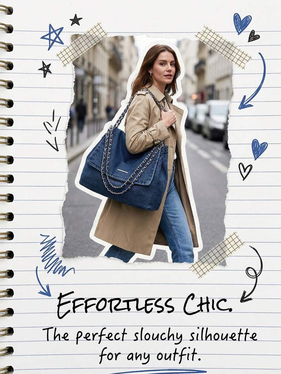 Baby Blue Bag Solid Color Casual Tote Bag Retro Wash Jeans Bag Chain Shoulder Bag Large-Capacity Denim Bag Handbag Minimalist Crossbody Bag Office Bag