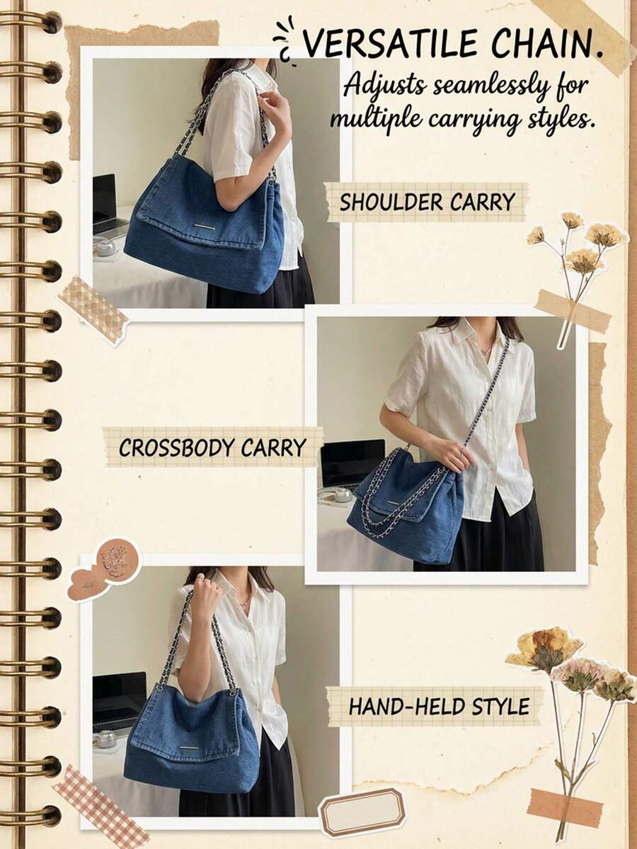 Baby Blue Bag Solid Color Casual Tote Bag Retro Wash Jeans Bag Chain Shoulder Bag Large-Capacity Denim Bag Handbag Minimalist Crossbody Bag Office Bag