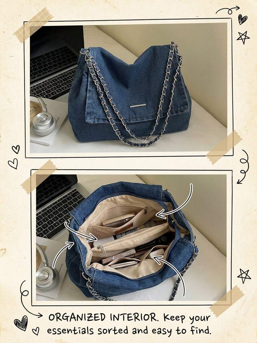 Baby Blue Bag Solid Color Casual Tote Bag Retro Wash Jeans Bag Chain Shoulder Bag Large-Capacity Denim Bag Handbag Minimalist Crossbody Bag Office Bag