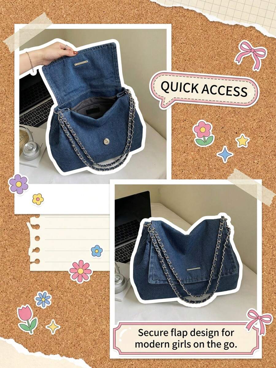 Baby Blue Bag Solid Color Casual Tote Bag Retro Wash Jeans Bag Chain Shoulder Bag Large-Capacity Denim Bag Handbag Minimalist Crossbody Bag Office Bag