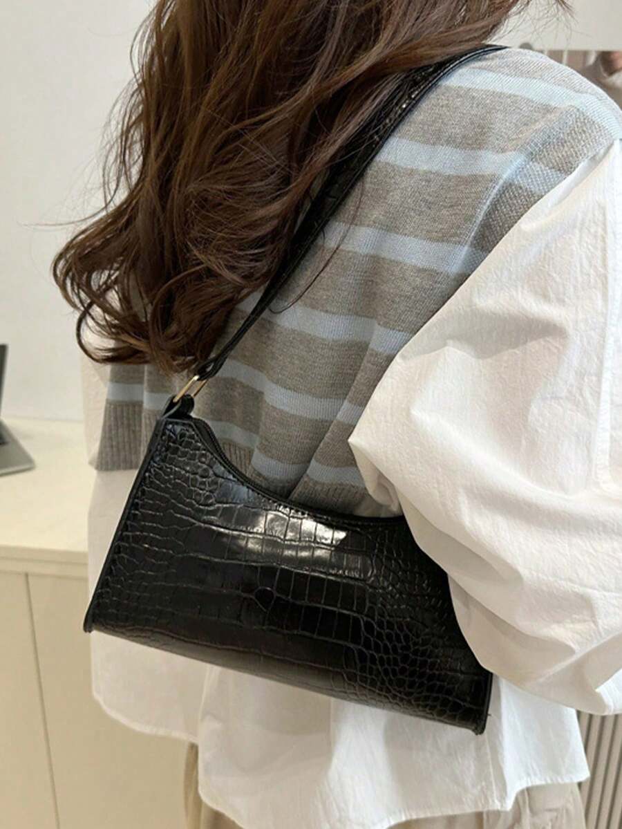 Black Glossy Crocodile Grain Underarm Purse For Women, PU Shoulder Tote Bag,Chic Bag For Summer Beach Date Daily Casual Outfits