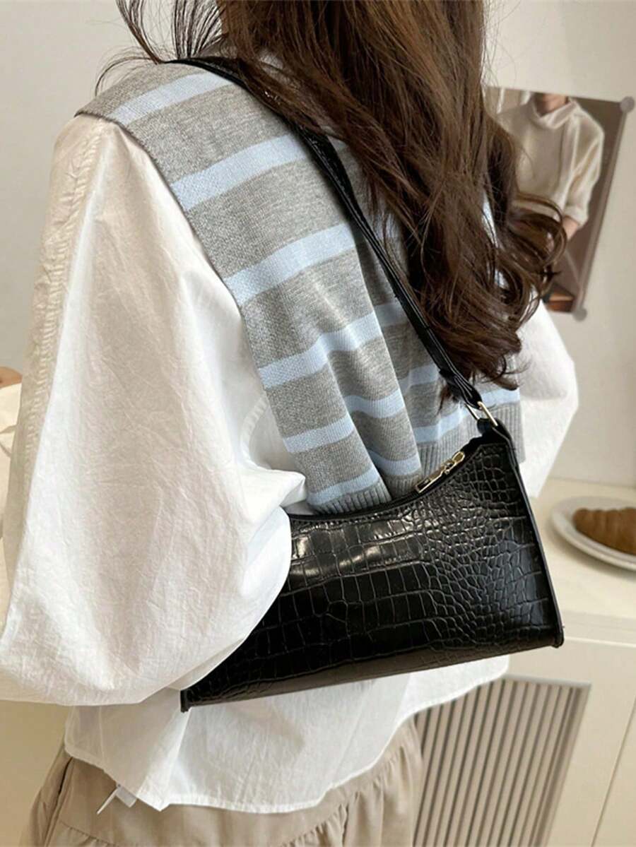 Black Glossy Crocodile Grain Underarm Purse For Women, PU Shoulder Tote Bag,Chic Bag For Summer Beach Date Daily Casual Outfits