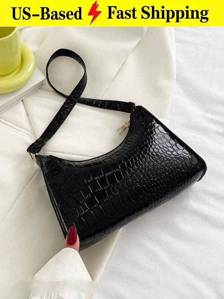 Black Glossy Crocodile Grain Underarm Purse For Women, PU Shoulder Tote Bag,Chic Bag For Summer Beach Date Daily Casual Outfits