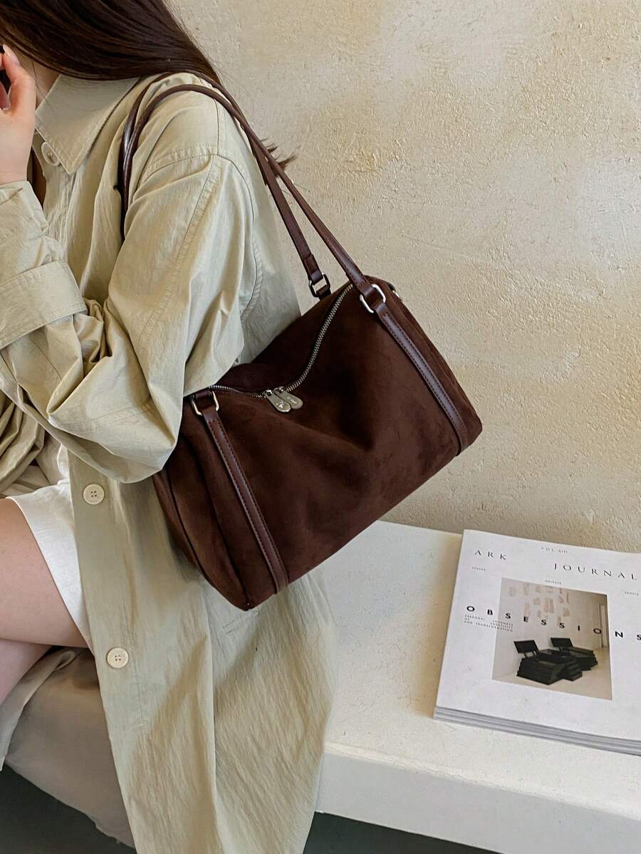 Women's Shoulder Tote Bag, Large Capacity Matte PU, Fashion Elegant Minimalist, Suitable For Shopping And Commuting, Coffee Color