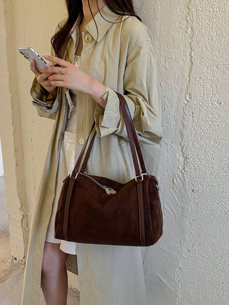 Women's Shoulder Tote Bag, Large Capacity Matte PU, Fashion Elegant Minimalist, Suitable For Shopping And Commuting, Coffee Color