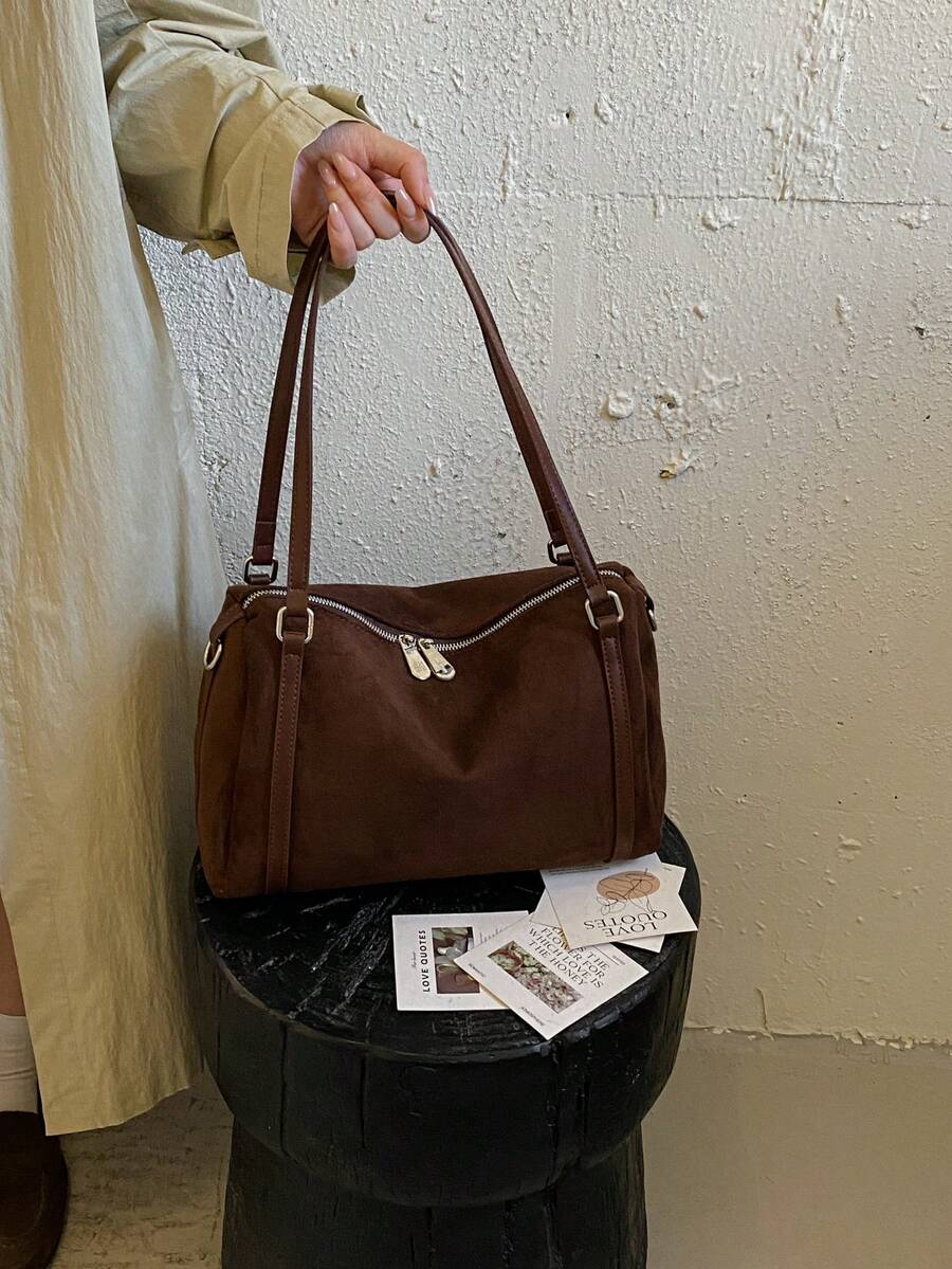 Women's Shoulder Tote Bag, Large Capacity Matte PU, Fashion Elegant Minimalist, Suitable For Shopping And Commuting, Coffee Color