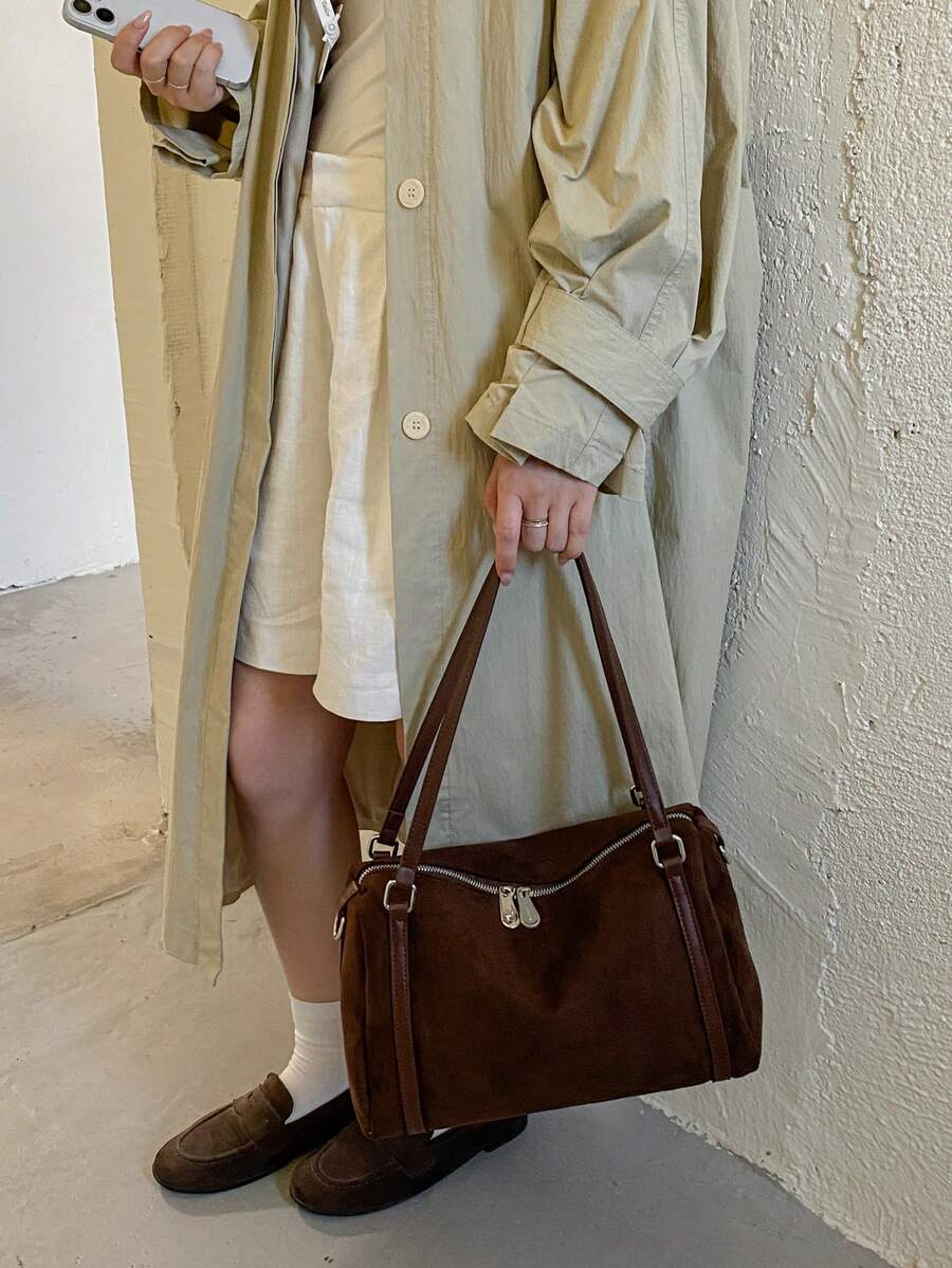 Women's Shoulder Tote Bag, Large Capacity Matte PU, Fashion Elegant Minimalist, Suitable For Shopping And Commuting, Coffee Color