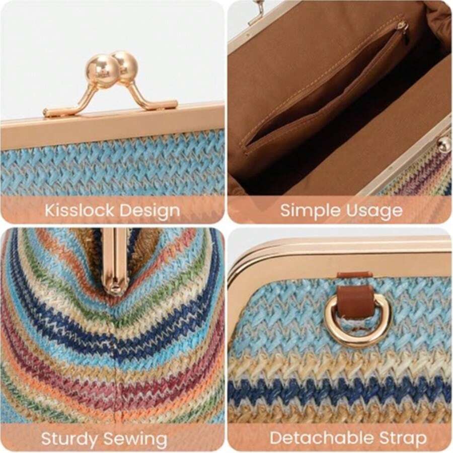 Large Straw Handbag Women- Vintage Kiss-Lock Clutch & Braided Bag, Timeless Shoulder Bag & Shoulder Bag For Summer, Everyday & Holiday