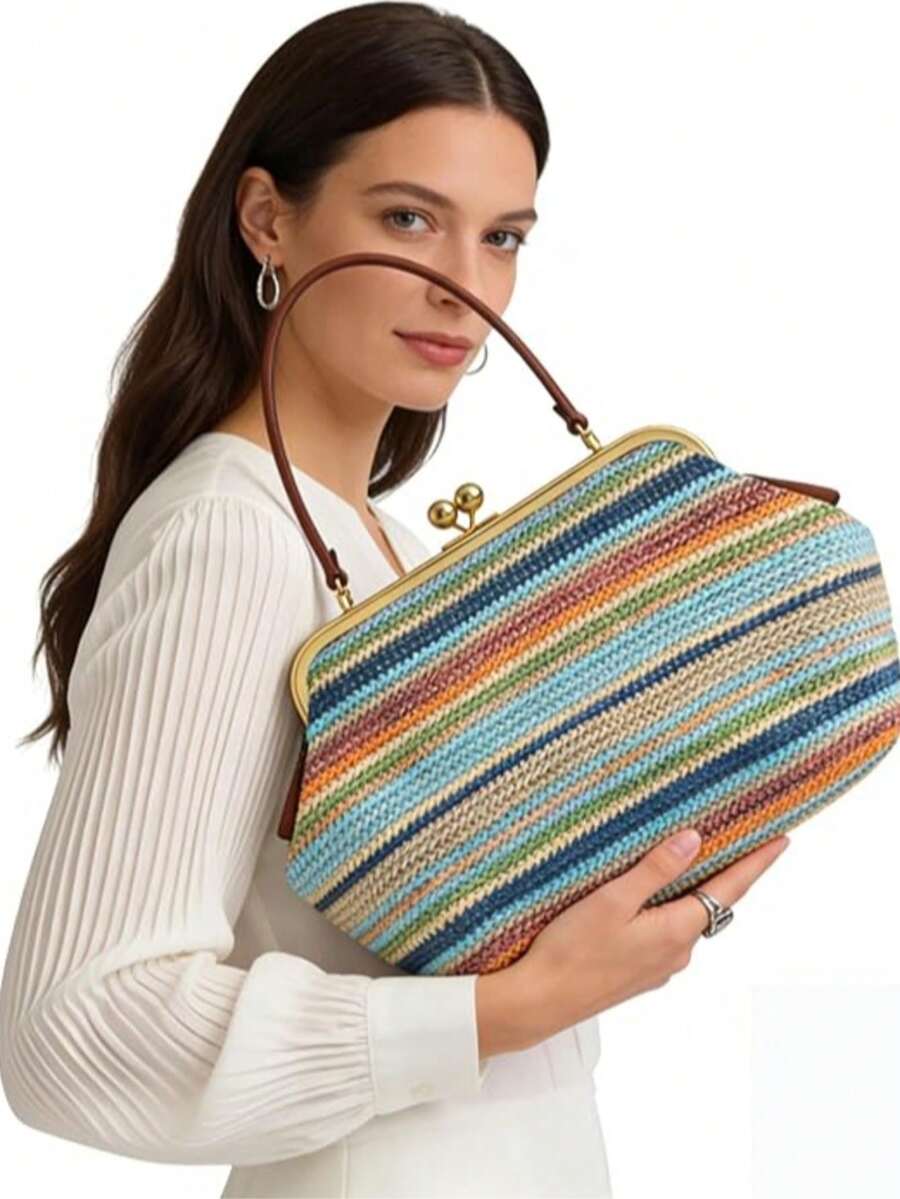 Large Straw Handbag Women- Vintage Kiss-Lock Clutch & Braided Bag, Timeless Shoulder Bag & Shoulder Bag For Summer, Everyday & Holiday
