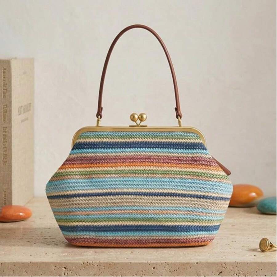 Large Straw Handbag Women- Vintage Kiss-Lock Clutch & Braided Bag, Timeless Shoulder Bag & Shoulder Bag For Summer, Everyday & Holiday