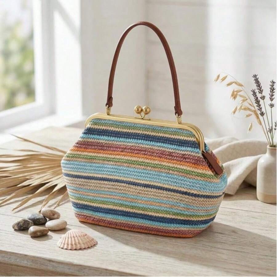 Large Straw Handbag Women- Vintage Kiss-Lock Clutch & Braided Bag, Timeless Shoulder Bag & Shoulder Bag For Summer, Everyday & Holiday