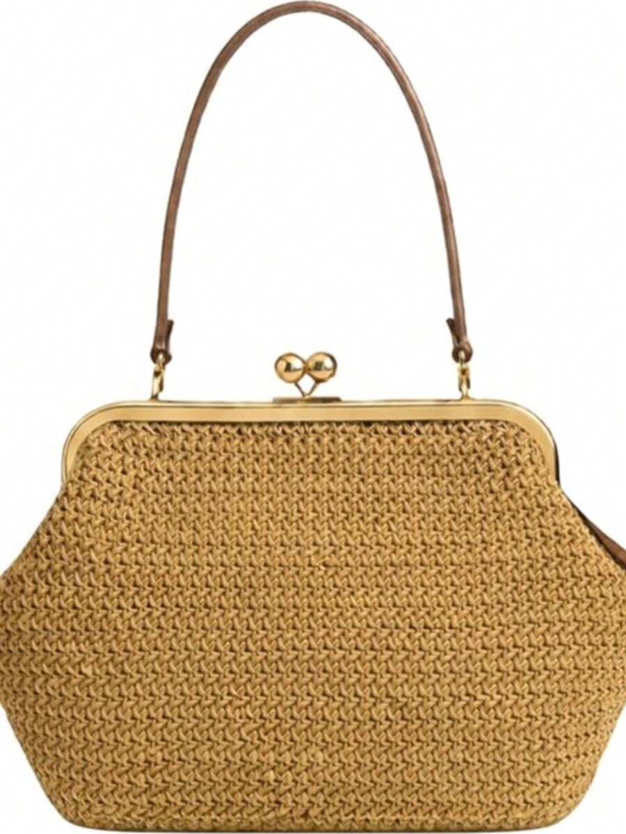 Large Straw Handbag Women- Vintage Kiss-Lock Clutch & Braided Bag, Timeless Shoulder Bag & Shoulder Bag For Summer, Everyday & Holiday