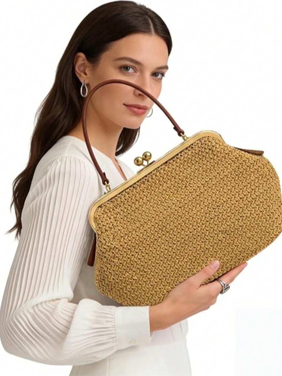 Large Straw Handbag Women- Vintage Kiss-Lock Clutch & Braided Bag, Timeless Shoulder Bag & Shoulder Bag For Summer, Everyday & Holiday