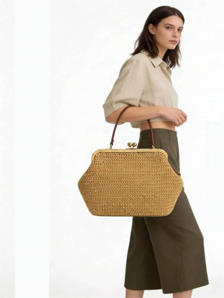 Large Straw Handbag Women- Vintage Kiss-Lock Clutch & Braided Bag, Timeless Shoulder Bag & Shoulder Bag For Summer, Everyday & Holiday