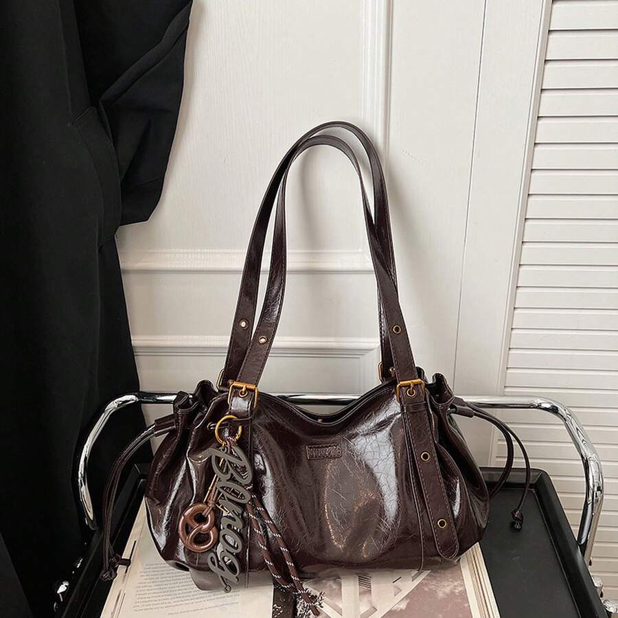 Black Purse Elegant Spring/Summer Oil Wax Leather Large Capacity Tote Bag For Women, Stylish Commuting Shoulder Bag, Vintage High-Quality Women's Bag
