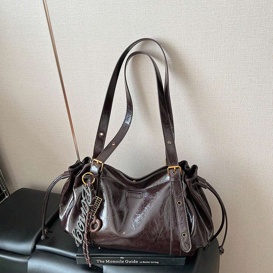 Black Purse Elegant Spring/Summer Oil Wax Leather Large Capacity Tote Bag For Women, Stylish Commuting Shoulder Bag, Vintage High-Quality Women's Bag