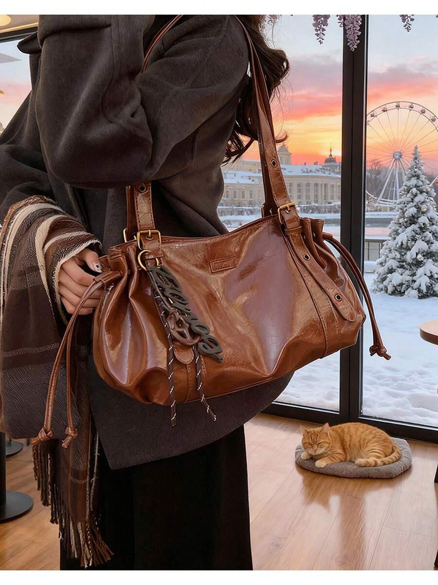 Black Purse Elegant Spring/Summer Oil Wax Leather Large Capacity Tote Bag For Women, Stylish Commuting Shoulder Bag, Vintage High-Quality Women's Bag