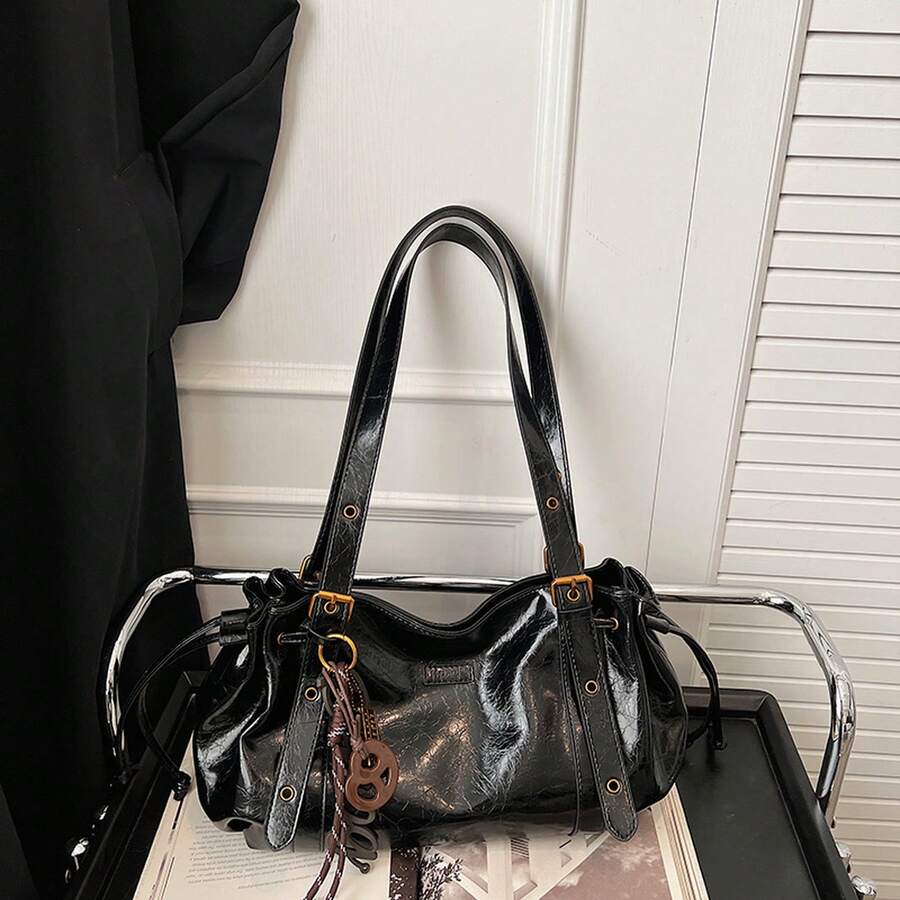 Black Purse Elegant Spring/Summer Oil Wax Leather Large Capacity Tote Bag For Women, Stylish Commuting Shoulder Bag, Vintage High-Quality Women's Bag
