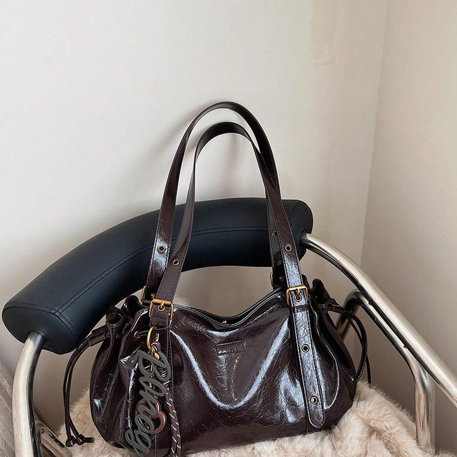 Black Purse Elegant Spring/Summer Oil Wax Leather Large Capacity Tote Bag For Women, Stylish Commuting Shoulder Bag, Vintage High-Quality Women's Bag