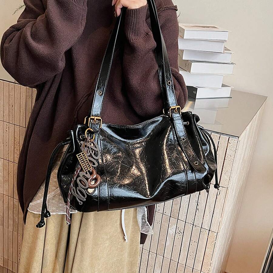 Black Purse Elegant Spring/Summer Oil Wax Leather Large Capacity Tote Bag For Women, Stylish Commuting Shoulder Bag, Vintage High-Quality Women's Bag