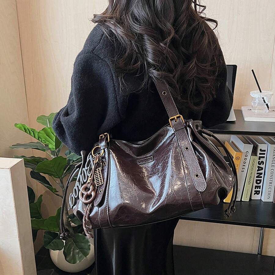 Black Purse Elegant Spring/Summer Oil Wax Leather Large Capacity Tote Bag For Women, Stylish Commuting Shoulder Bag, Vintage High-Quality Women's Bag