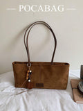 Autumn/Winter New Vintage Brown Faux Suede Baguette Underarm Bag, Minimalist Niche Daily Commute Versatile Shoulder Handbag