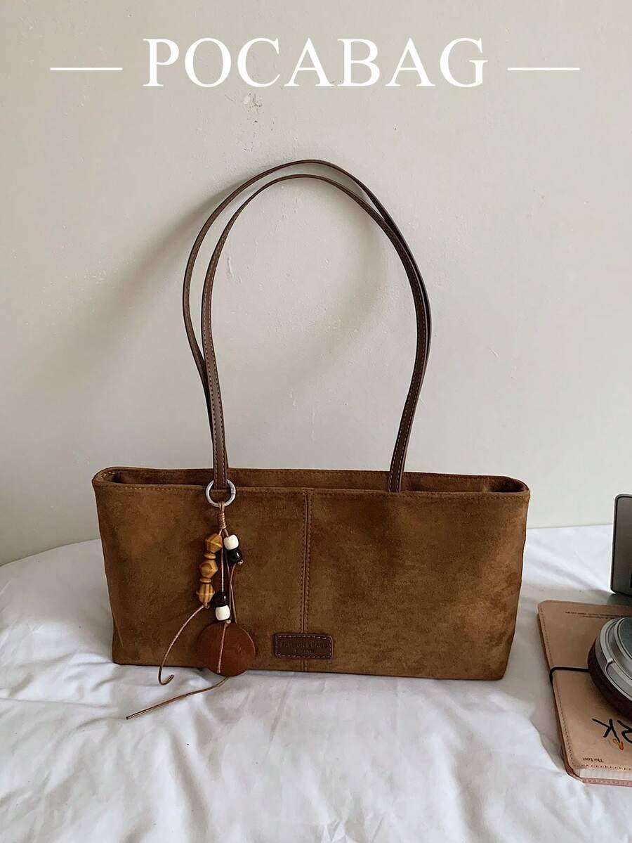 Autumn/Winter New Vintage Brown Faux Suede Baguette Underarm Bag, Minimalist Niche Daily Commute Versatile Shoulder Handbag