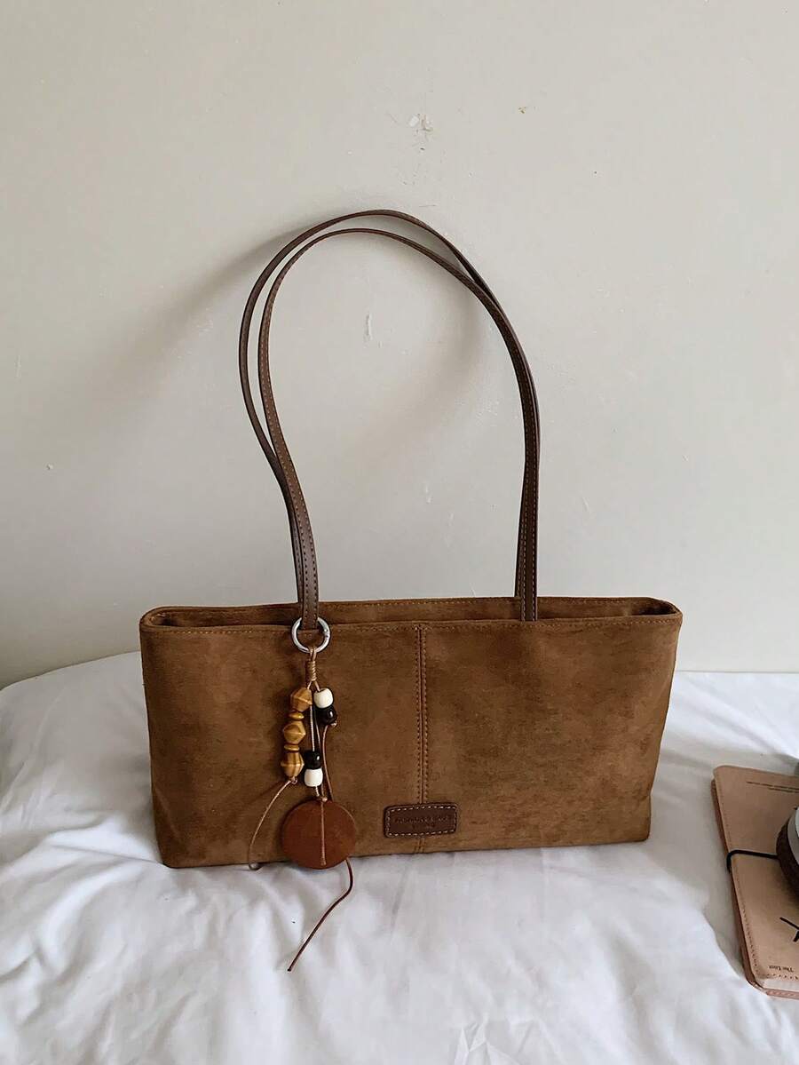 Autumn/Winter New Vintage Brown Faux Suede Baguette Underarm Bag, Minimalist Niche Daily Commute Versatile Shoulder Handbag