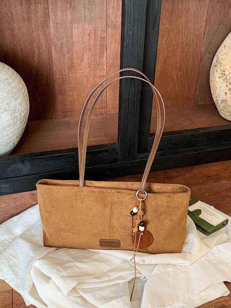 Autumn/Winter New Vintage Brown Faux Suede Baguette Underarm Bag, Minimalist Niche Daily Commute Versatile Shoulder Handbag
