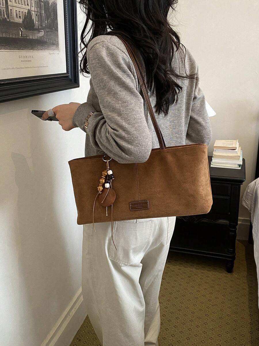 Autumn/Winter New Vintage Brown Faux Suede Baguette Underarm Bag, Minimalist Niche Daily Commute Versatile Shoulder Handbag