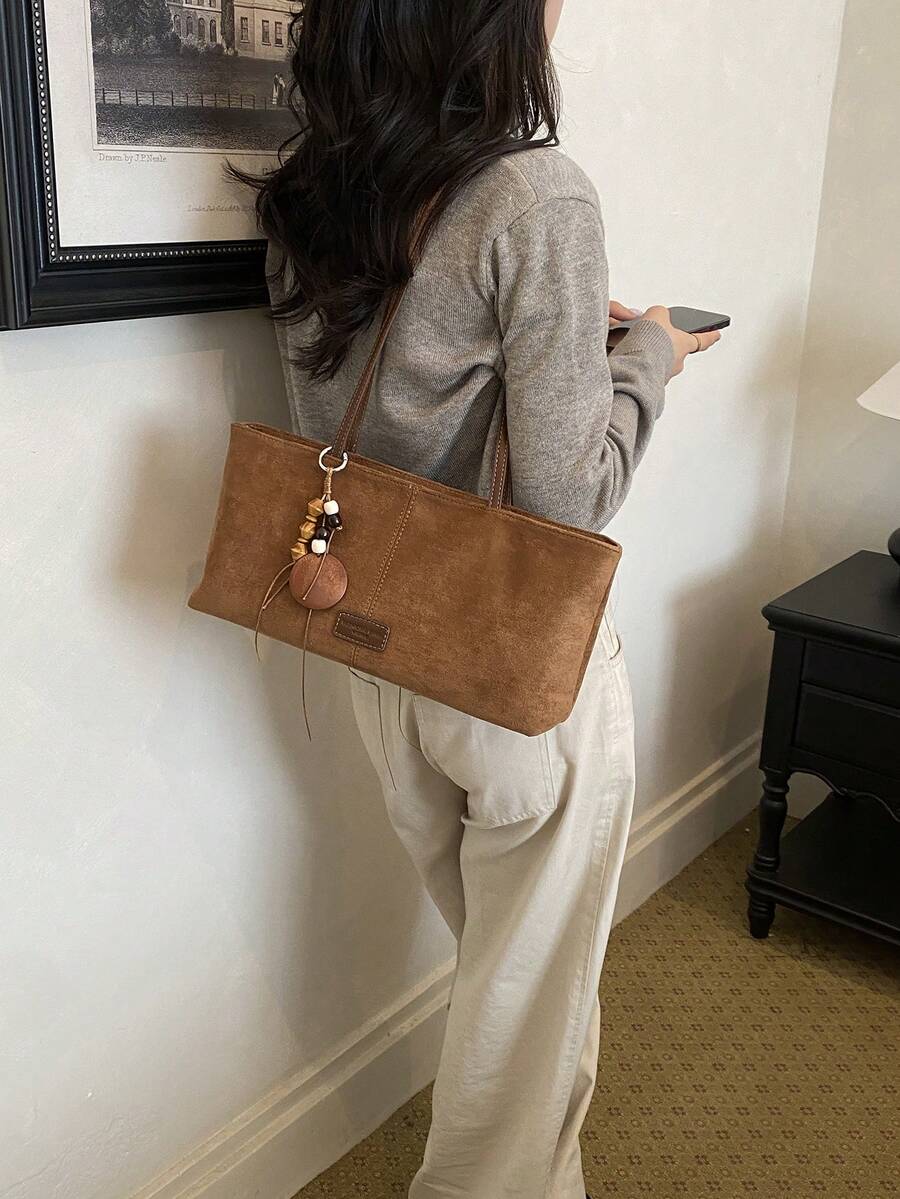Autumn/Winter New Vintage Brown Faux Suede Baguette Underarm Bag, Minimalist Niche Daily Commute Versatile Shoulder Handbag