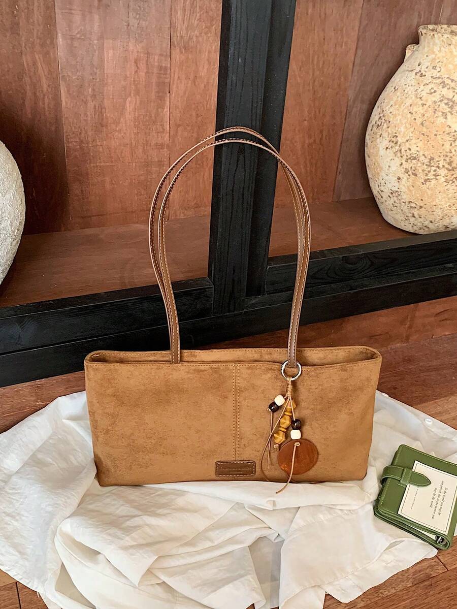 Autumn/Winter New Vintage Brown Faux Suede Baguette Underarm Bag, Minimalist Niche Daily Commute Versatile Shoulder Handbag