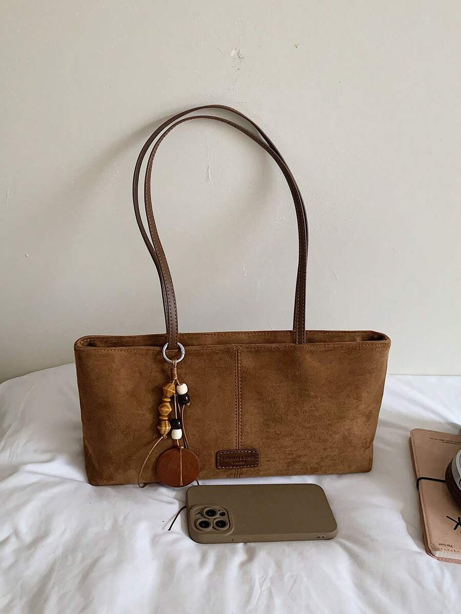 Autumn/Winter New Vintage Brown Faux Suede Baguette Underarm Bag, Minimalist Niche Daily Commute Versatile Shoulder Handbag