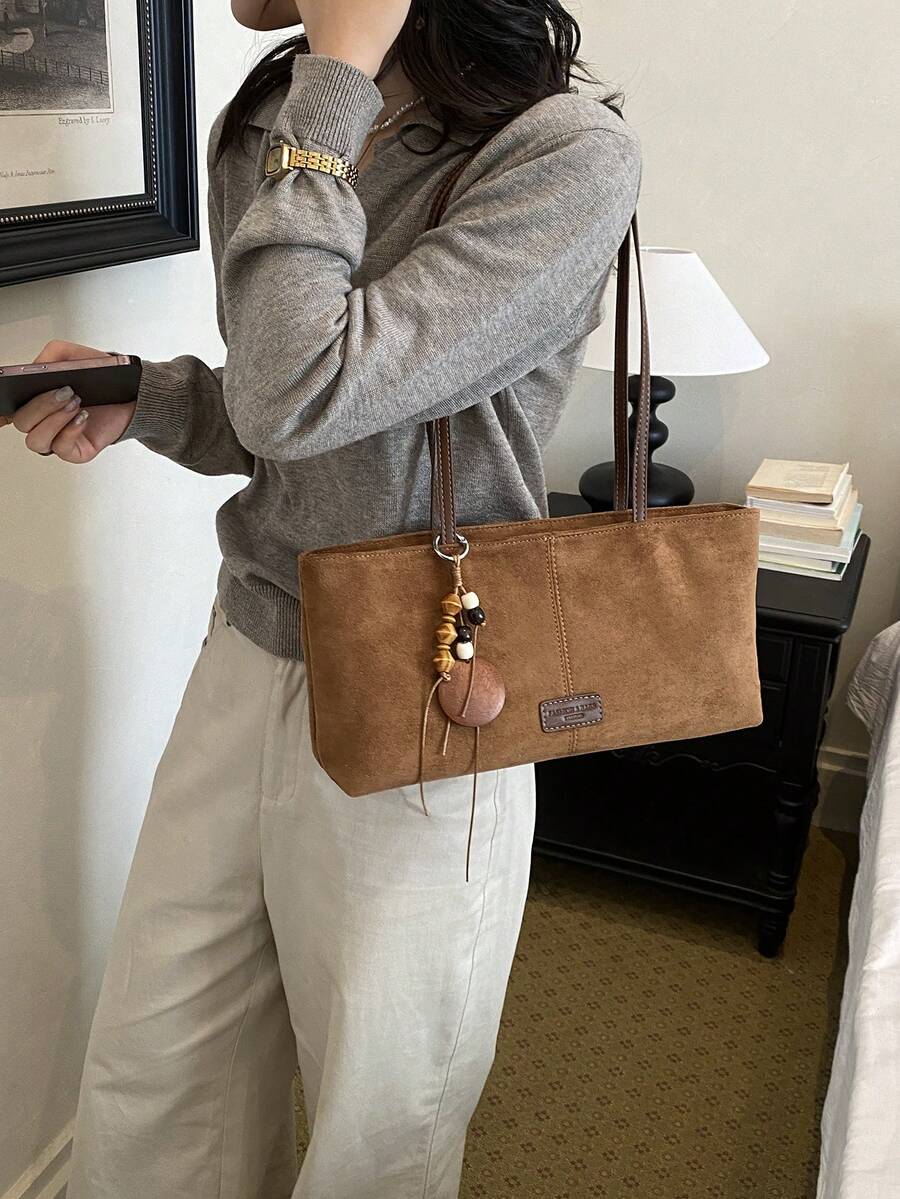 Autumn/Winter New Vintage Brown Faux Suede Baguette Underarm Bag, Minimalist Niche Daily Commute Versatile Shoulder Handbag