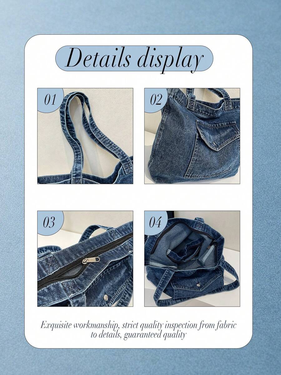 Women's Vintage Blue Washed Denim Tote Bag Large Capacity Shoulder Handbag With Multiple Pockets Daily Bag For Shopping Travel School Commute