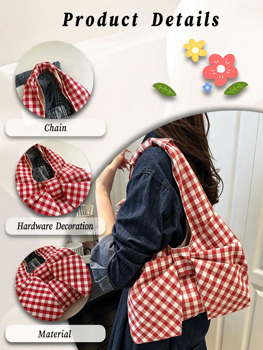 Women's Kawaii Bow-Shaped Canvas Tote Bag Red Red Purse Spacious Casual Shoulder Handbag For Summer Beach Travel Back To School