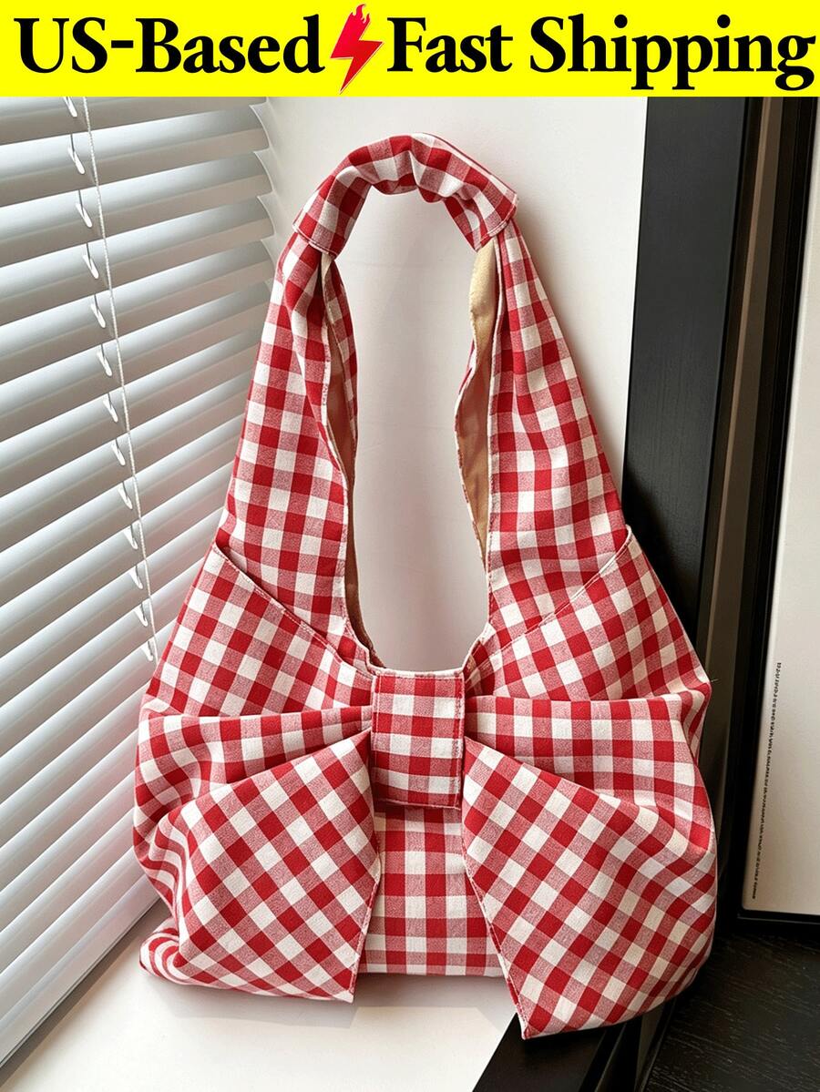Women's Kawaii Bow-Shaped Canvas Tote Bag Red Red Purse Spacious Casual Shoulder Handbag For Summer Beach Travel Back To School