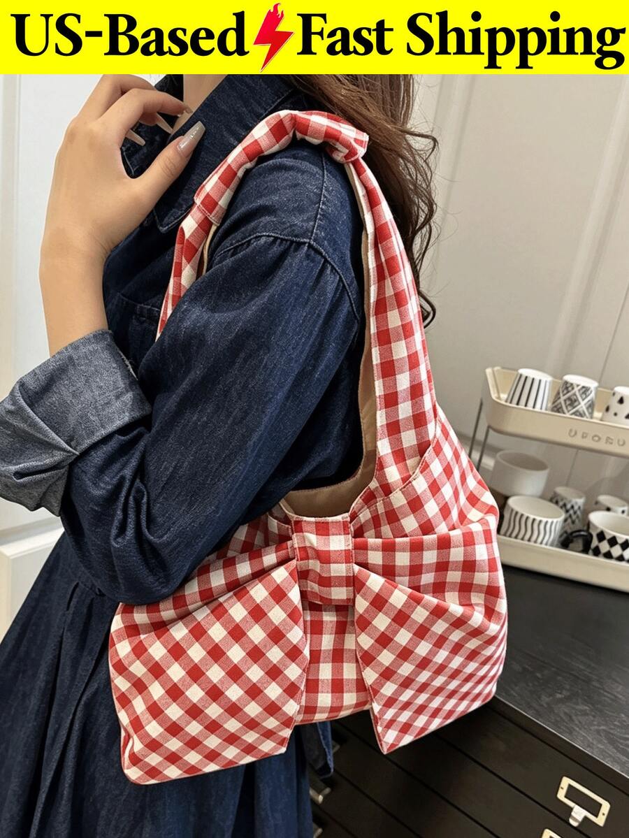 Women's Kawaii Bow-Shaped Canvas Tote Bag Red Red Purse Spacious Casual Shoulder Handbag For Summer Beach Travel Back To School