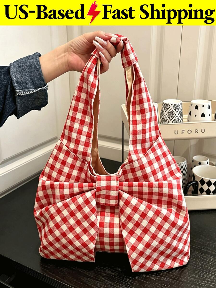 Women's Kawaii Bow-Shaped Canvas Tote Bag Red Red Purse Spacious Casual Shoulder Handbag For Summer Beach Travel Back To School