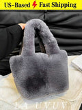 Dark Gray Faux Fur Tote Handbag Purses For Women, Soft Fluffy Top‑Handle Satchel