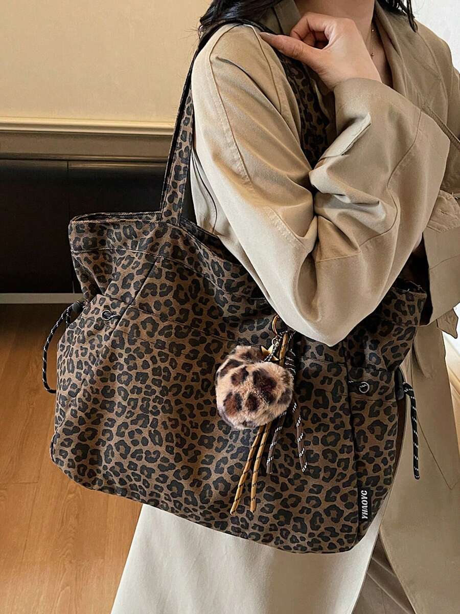 Leopard Print Plush Pendant Tote Bag, Large Capacity Single Shoulder Crossbody Bag For Women, Handbags For Work Commute Shopping And Casual Daily Use.