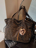 Leopard Print Plush Pendant Tote Bag, Large Capacity Single Shoulder Crossbody Bag For Women, Handbags For Work Commute Shopping And Casual Daily Use.