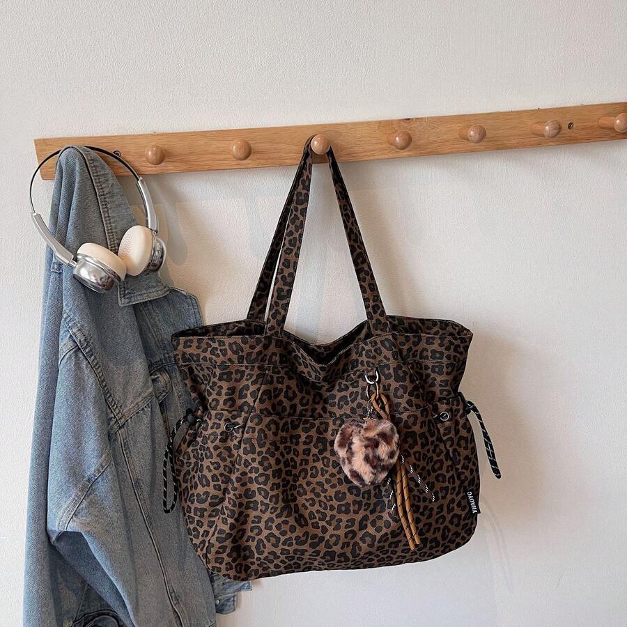 Leopard Print Plush Pendant Tote Bag, Large Capacity Single Shoulder Crossbody Bag For Women, Handbags For Work Commute Shopping And Casual Daily Use.