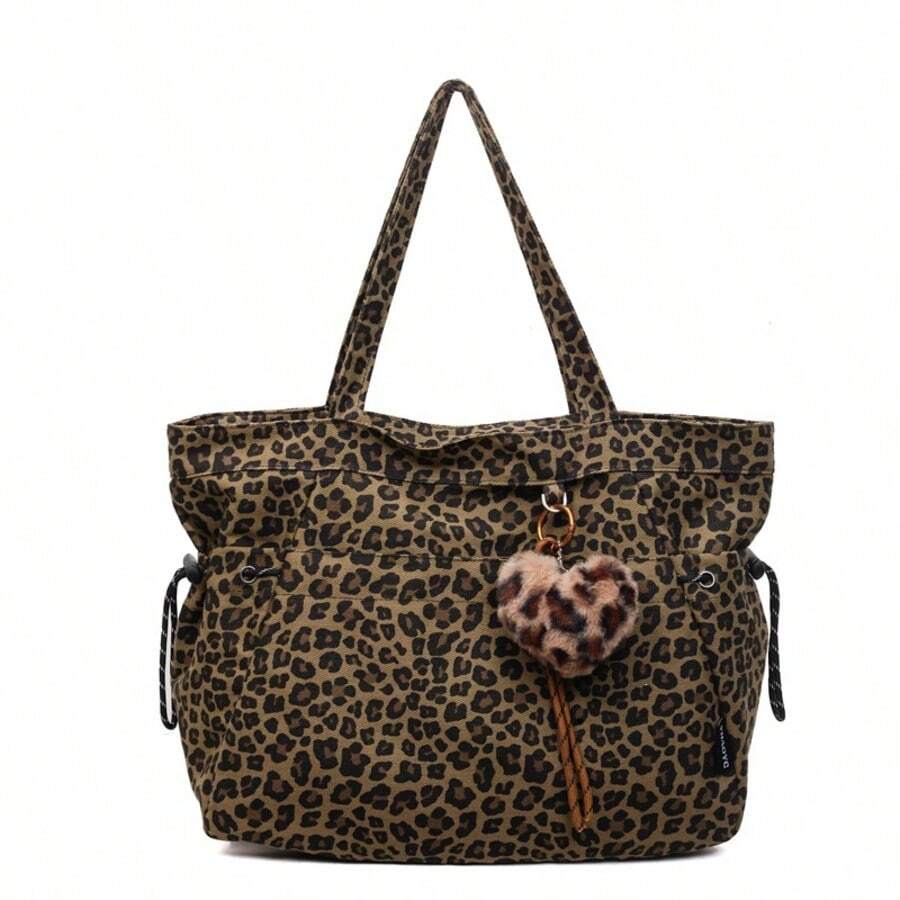 Leopard Print Plush Pendant Tote Bag, Large Capacity Single Shoulder Crossbody Bag For Women, Handbags For Work Commute Shopping And Casual Daily Use.