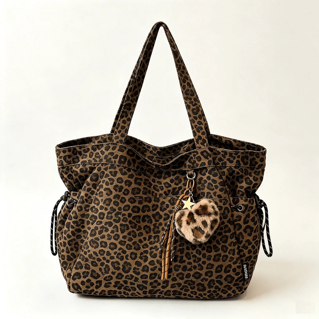 Leopard Print Plush Pendant Tote Bag, Large Capacity Single Shoulder Crossbody Bag For Women, Handbags For Work Commute Shopping And Casual Daily Use.