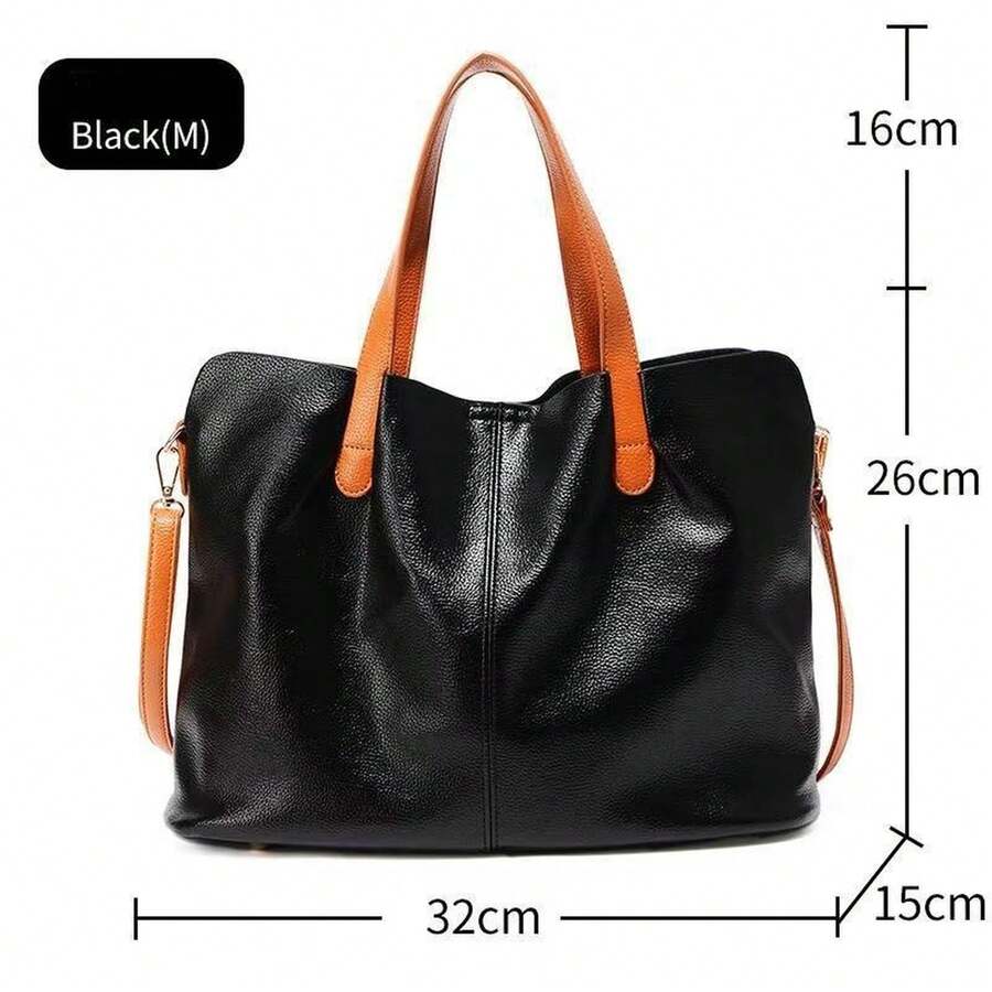 1pc Colorblock Tote Shoulder Bag Set- Large Crossbody Handbag With Zipper Closure & Gold Hardware, Stylish Commuter Purse For Work Travel