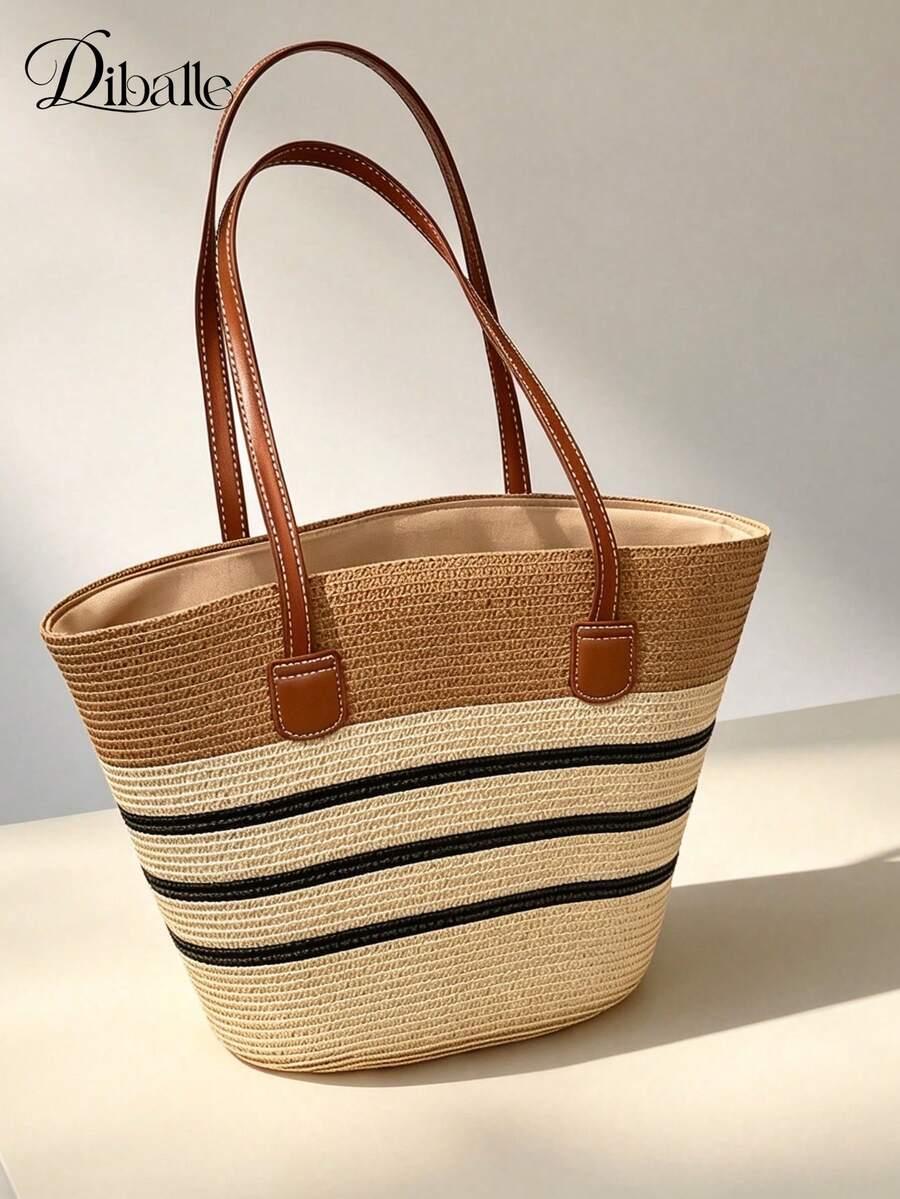 Large Straw Tote Bag, New Fashion Minimalist Big Capacity Shoulder Bag, Versatile Outdoor Shopping Beach Vacation Straw Woven Tote Bag, Striped Woven Handbag