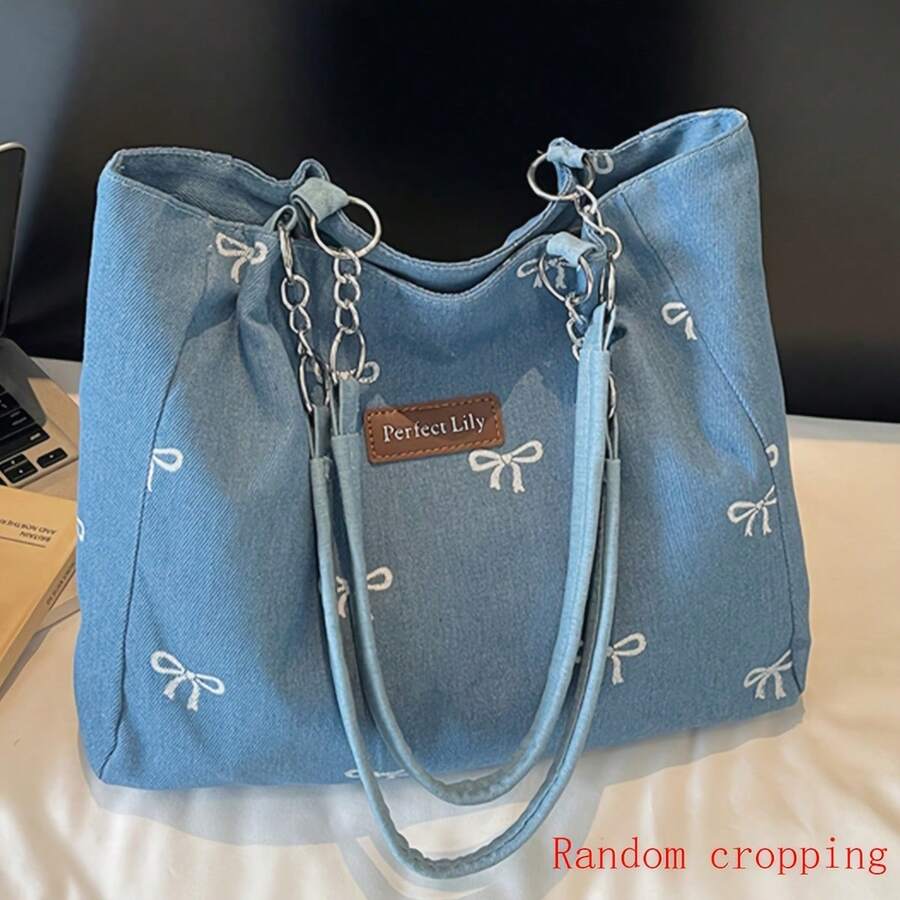New Fashion Lily Embroidery Bow Women's Tote Bag Adjustable Chain Shoulder Strap Casual Daily Shopping Handbag Mobile Phone Makeup Bag Versatile Cross