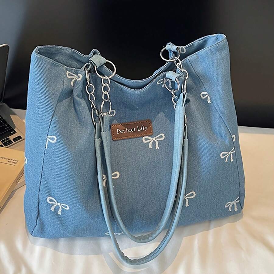 New Fashion Lily Embroidery Bow Women's Tote Bag Adjustable Chain Shoulder Strap Casual Daily Shopping Handbag Mobile Phone Makeup Bag Versatile Cross